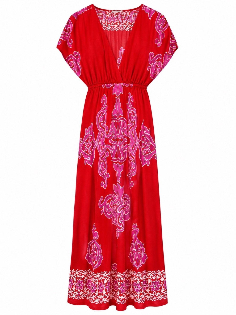 India Boutique Small Red Pink Floral Maxi Dress V Neck Boho Border Print